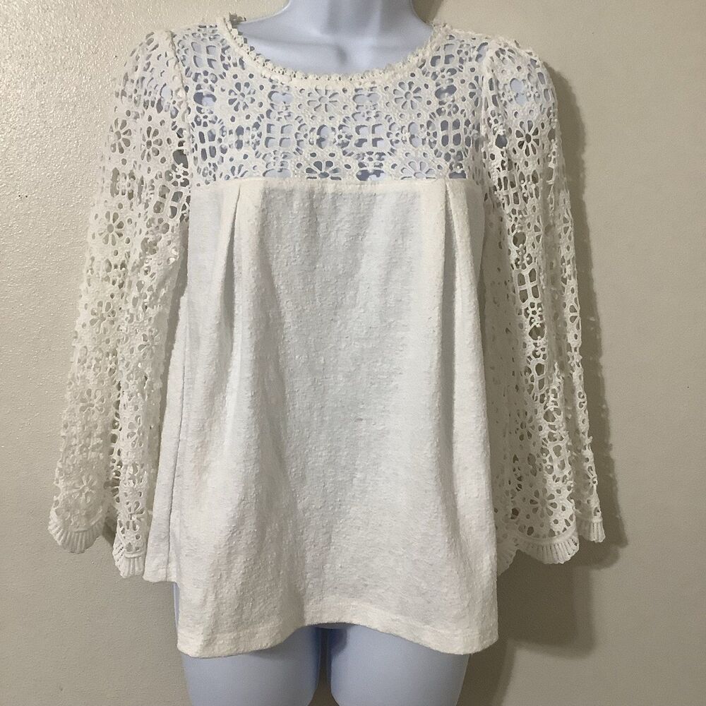Eri‎ + Ali White Lace Peasant Oversized Boho Hippie Beachy Casual Summer Top XS
